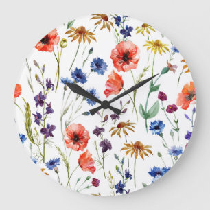 Wildblumen Aquarellmohn Kamille Hintergrund Große Wanduhr