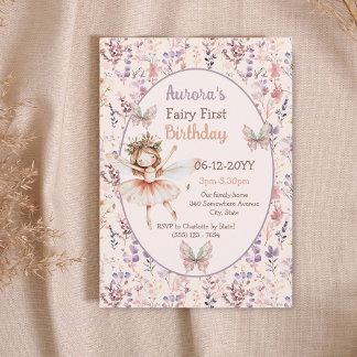 Wildblumen Aquarellwald Fairy Erster Geburtstag Einladung