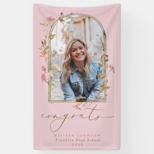 Wildblumen Arch Blush Foto Graduation Party Banner (Vertikal)