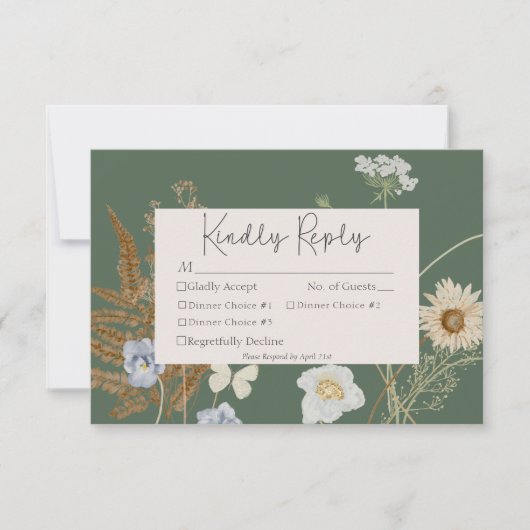 Wildblumen auf Sage Green Hochzeit drei Abendessen RSVP Karte (Vorderseite)