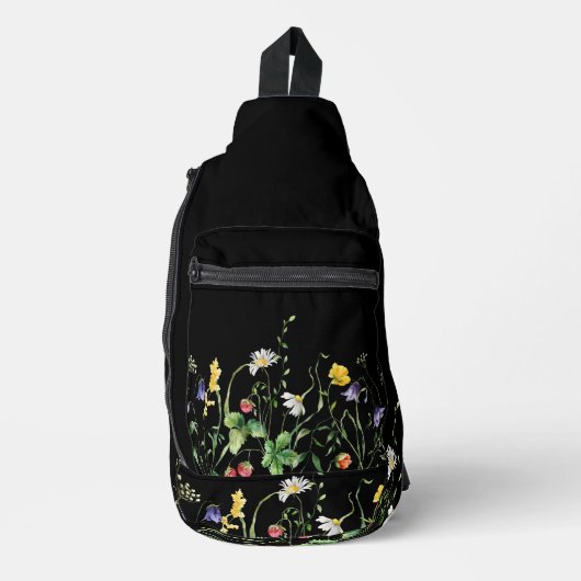 Wildblumen auf schwarz crossbody bag (Vorderseite)