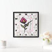 Wildblumen aus rosa und grünem, langem Stechen Per Quadratische Wanduhr (Zuhause)