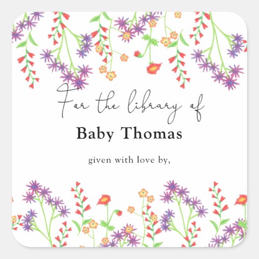 Wildblumen- Baby-Dusche Buchzeichen, Babybücher Quadratischer Aufkleber (Vorderseite)