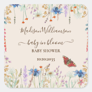 Wildblumen-Baby in Baby in Blüte Baby Shower Quadratischer Aufkleber