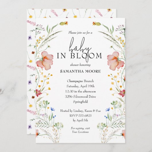 Wildblumen Baby in Blütendusche Einladung (Vorne/Hinten)