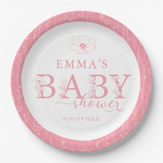 Wildblumen-Baby-Party | Rosa Blumenmuster Pappteller (Vorderseite)