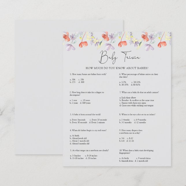 Wildblumen Baby Trivia | Baby Showspiel (Vorne/Hinten)