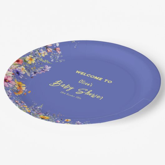 Wildblumen Babyduschplatte Pappteller (Schrägansicht)