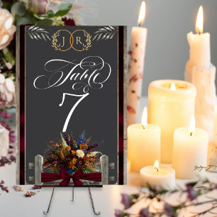 Wildblumen, Band & Monogramm - Burgund Tischnummer