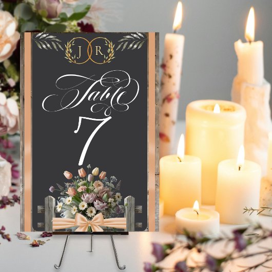 Wildblumen, Band & Monogramm - Pfirsich Tischnummer