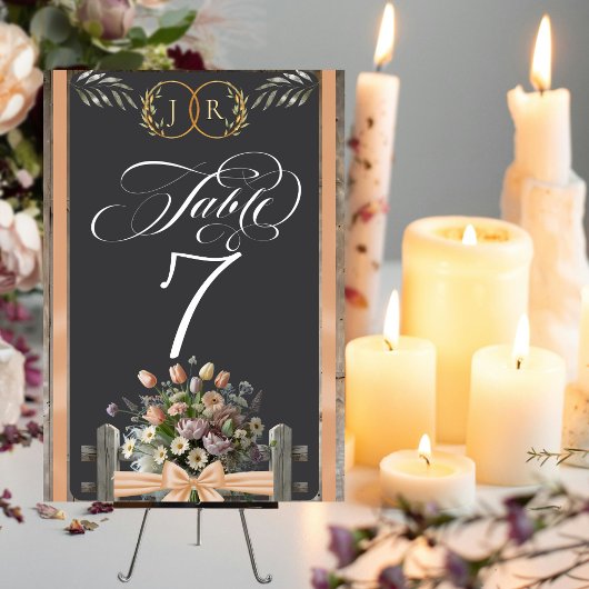 Wildblumen, Band & Monogramm - Pfirsich Tischnummer