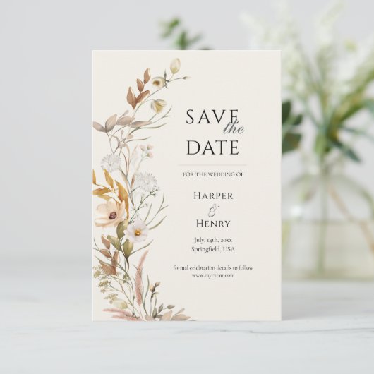 Wildblumen Beige Boho Botanisch Save The Date (Stehend Vorderseite)