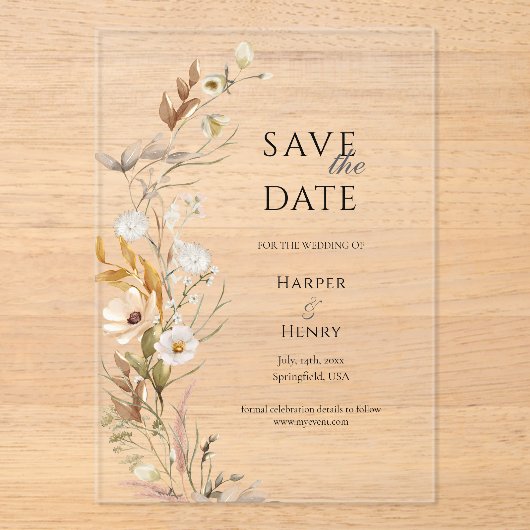 Wildblumen Beige Boho Botanisch Save the Date Acryleinladungen (Vorderseite)