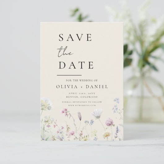 Wildblumen Beige Boho Save the Date Minimalistisch (Stehend Vorderseite)