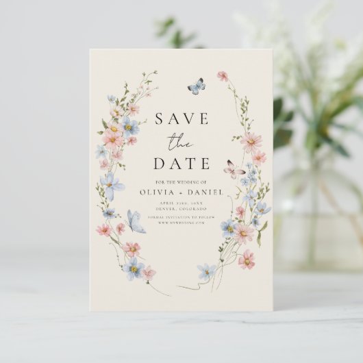 Wildblumen Beige Boho Save the Date Minimalistisch (Stehend Vorderseite)
