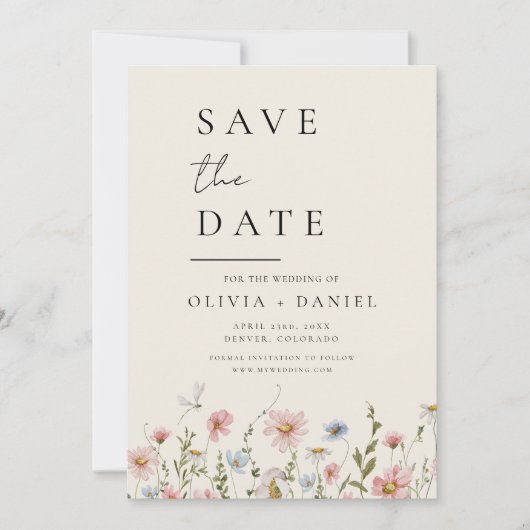 Wildblumen Beige Boho Save the Date Minimalistisch (Vorderseite)