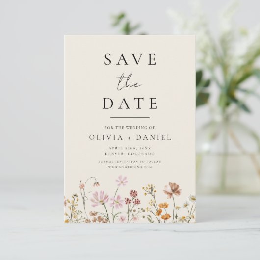Wildblumen Beige Boho Save the Date Minimalistisch (Stehend Vorderseite)