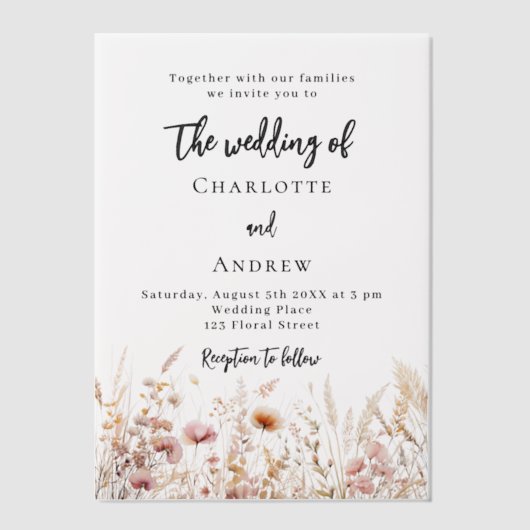 Wildblumen beige cremefarbene Hochzeit Pergament Einladungen (Vorderseite)