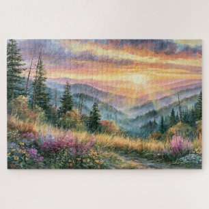 Wildblumen-Berg-Sonnenaufgang-Gemälde Puzzle