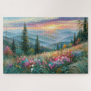 Wildblumen-Berg-Sonnenuntergang-Gemälde Puzzle