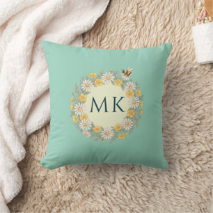 Wildblumen Biene Monogramm Türkis Kissen