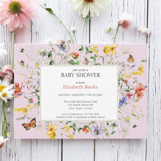 Wildblumen, Bienen und Schmetterlinge, Babydusche Einladung