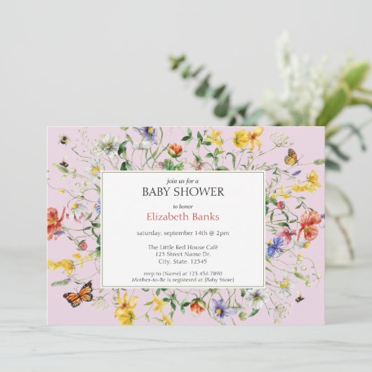 Wildblumen, Bienen und Schmetterlinge, Babydusche Einladung (Stehend Vorderseite)