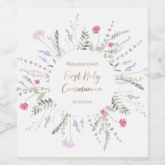 Wildblumen bilden den Rahmen für die Erste Heilige Weinetikett (Einzelnes Label)