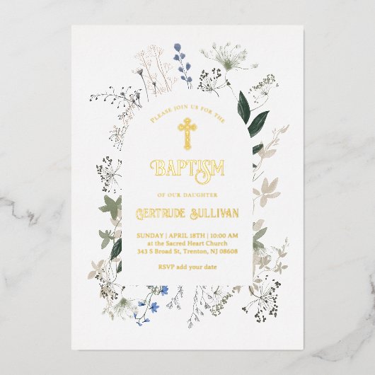 Wildblumen bilden einen Rahmen für Taufe Folieneinladung (Vorderseite)