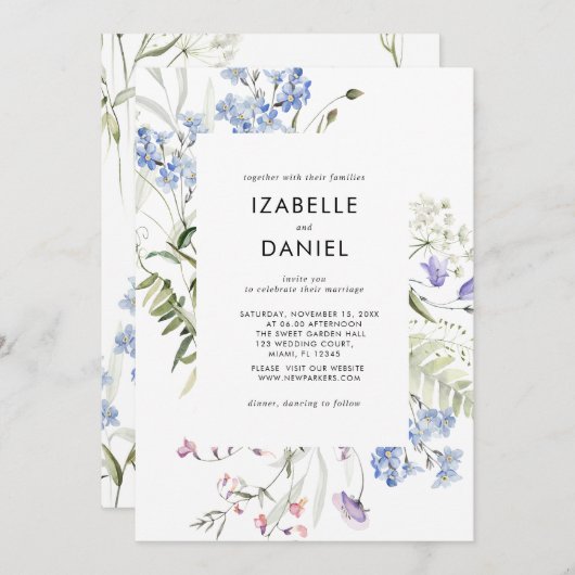 Wildblumen Blauer botanischer Sommer Einladung (Vorne/Hinten)