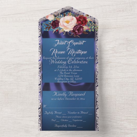 Wildblumen Blauer Streifen, Spitzen und Lichter All In One Einladung (Innen Boden)