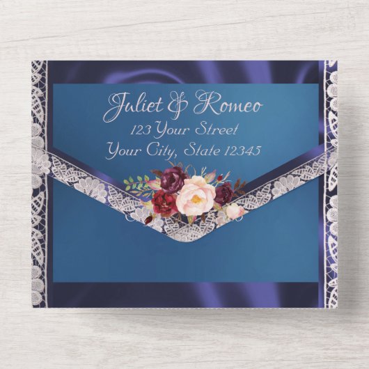 Wildblumen Blauer Streifen, Spitzen und Lichter All In One Einladung (Rückseite)