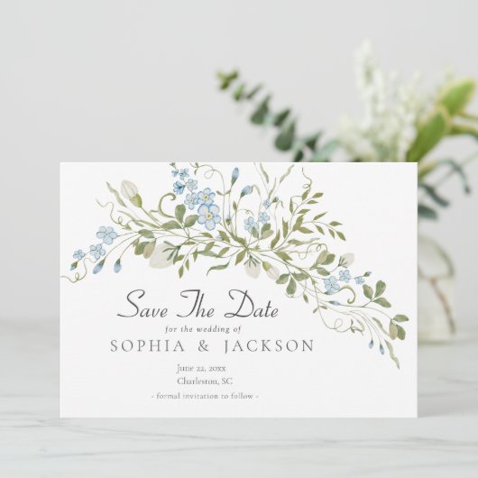 Wildblumen Blue Green Wedding speichern das Datum (Stehend Vorderseite)