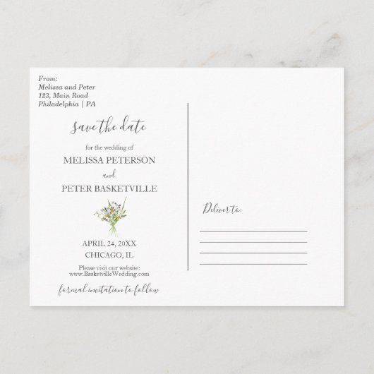 Wildblumen blühen Save the Date Foto Postkarte (Rückseite)