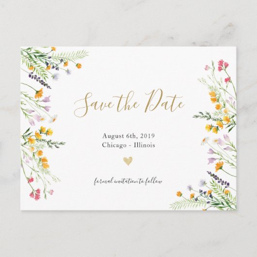 Wildblumen blühen Save the Date Postkarte (Vorderseite)