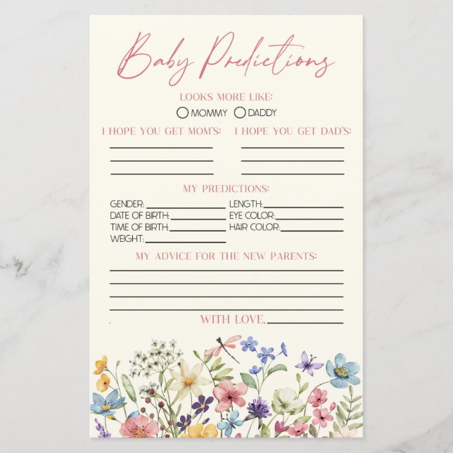 Wildblumen-Blumen-Baby-Shower-Vorhersage-Spiel (Vorderseite)