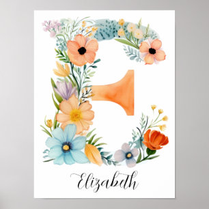 Wildblumen-Blumeninitial Buchstabe E Druck Poster