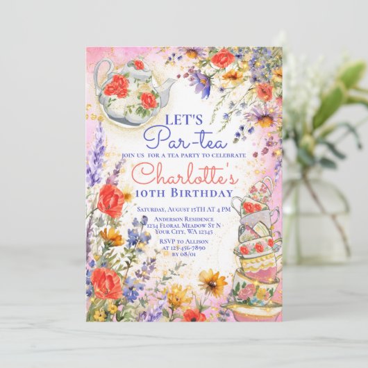 Wildblumen Blumenkohl Tee Party Geburtstag Einladung (Stehend Vorderseite)
