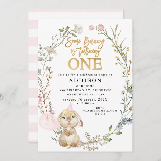 Wildblumen Blumenkraut Bunny Birthday Einladung (Vorne/Hinten)