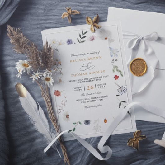 Wildblumen-Blumenrahmen Eleganter QR-Code Hochzeit Einladung