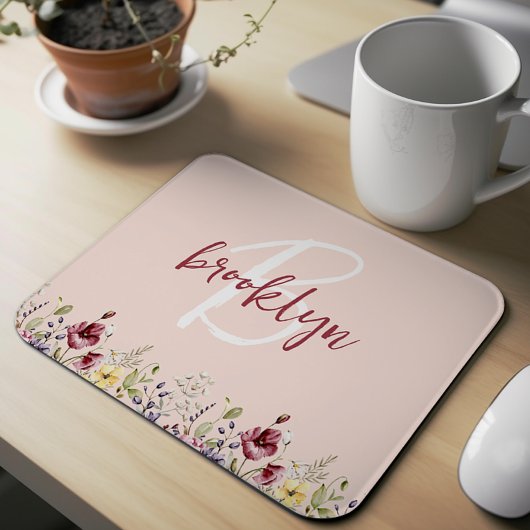 Wildblumen Blush Pink Burgund White Monogram Mousepad