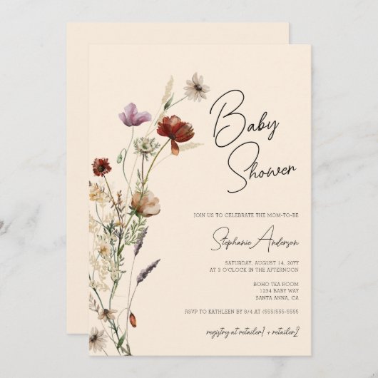 Wildblumen Boho Babydusche Einladung (Vorne/Hinten)