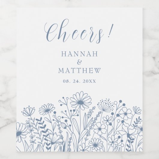 Wildblumen Boho Dusty Blue Wedding Weinetikett (Einzelnes Label)