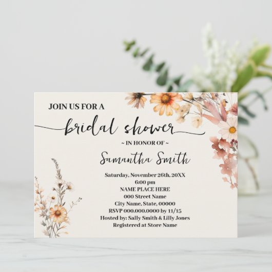 Wildblumen Boho Fall Brautparty Einladung (Stehend Vorderseite)