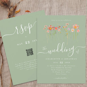 Wildblumen Boho Herbst Salbei Grün QR-Code Hochzei Einladung