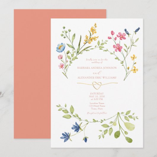 Wildblumen Boho Peach Wedding Einladung (Vorne/Hinten)