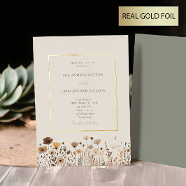 Wildblumen Boho Sage Green Gold Hochzeit Folieneinladung