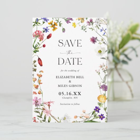 Wildblumen Boho Wedding speichern das Datum Einladung (Stehend Vorderseite)