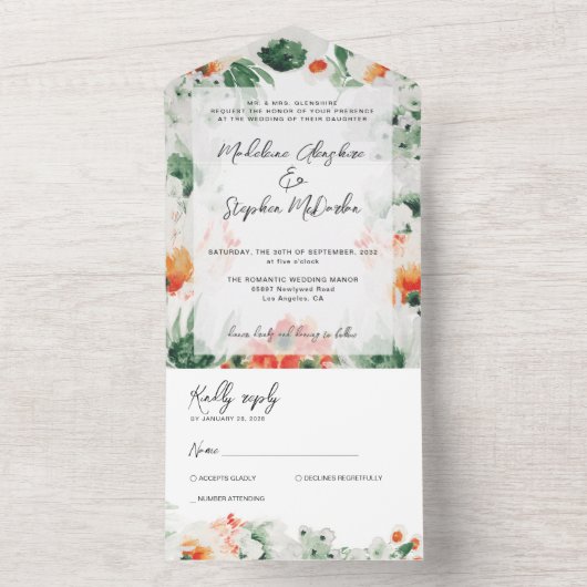 Wildblumen, botanische UAWG, grün-orange All In One Einladung (Innen Boden)