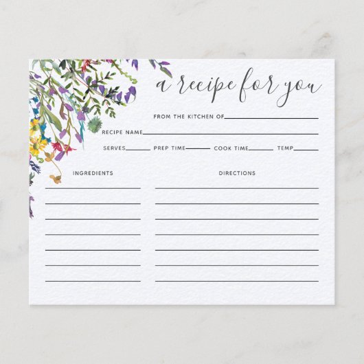 Wildblumen Brautparty Rezeptkarte (Vorderseite)